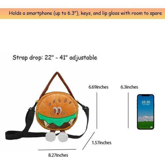 Hamburger Crossbody Purse Plush Mini Handbag for Girls Teens Women - Picture 2 of 3